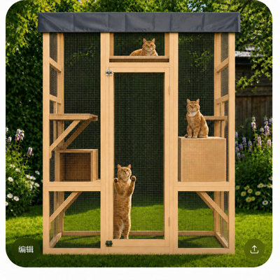 Walk-in Catio Outdoor Cat Enclosure, Large Wooden Cat House with Waterproof Roof & 5 Platforms, 2 Resting Boxes, Secure Garden Cat Run for 5-6 Cats, Indoor/Outdoor Pet Playpen