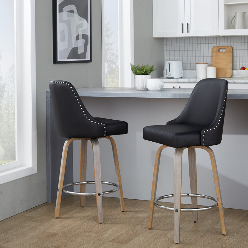Studded Marcel 27" Fixed-Height Counter Stool With Bent Wood Legs & Round Footrest - Set Of  2, Light Gray