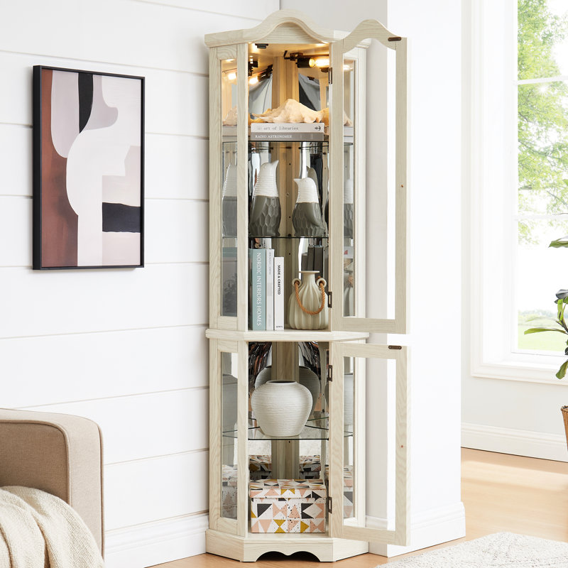 Vitrine blanche pour les coins, avec portes en verre trempé, tablettes intégrées et amovibles, verre, éclairage intégré, charnières