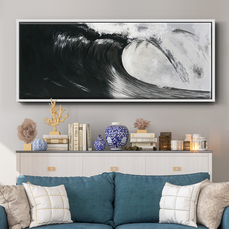 «Black & White Waves III», toile encadrée 2838521WC, H 20 po x l 50 po x P 1,5 po, Blanc
