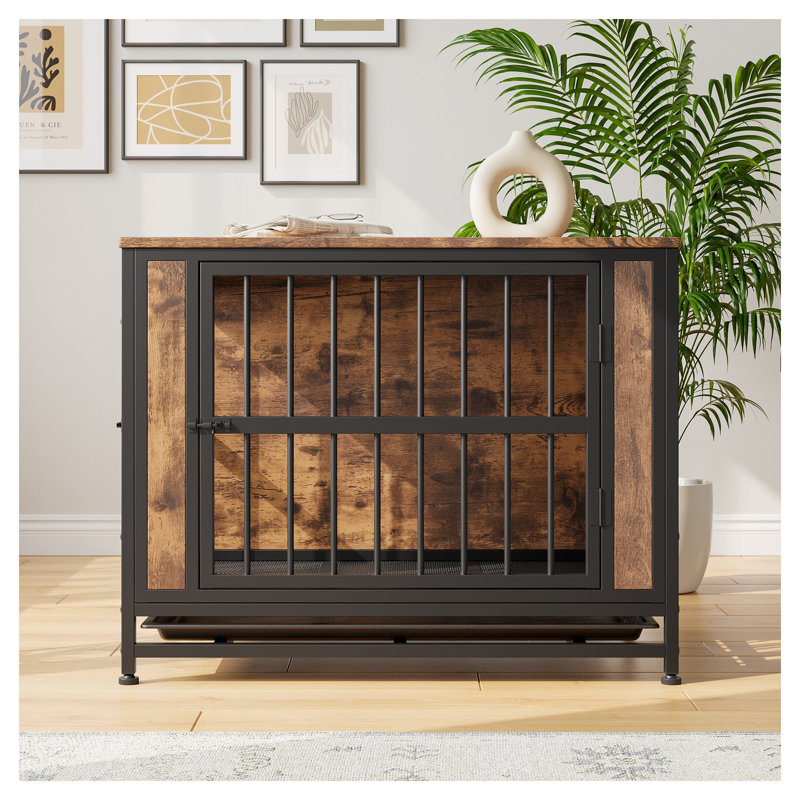 Table de bout rustique en métal et bois pour chien de taille moyenne avec portes coulissantes Rustic Brown