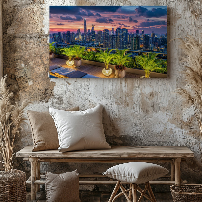 Reproduction d'art sur toile, une scène de toit vibrante surplombant un paysage urbain tentaculaire au coucher du soleil