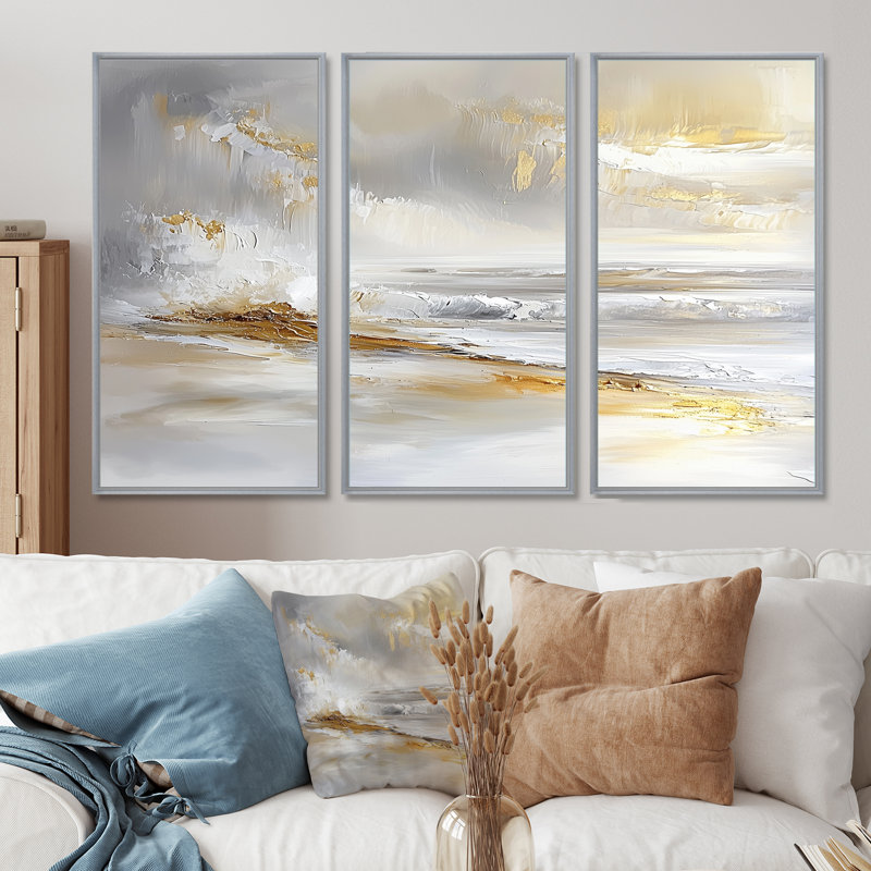 Minimalisme, plage dorée pure I, art mural plage, 3 panneaux, H 28 po x l 36 po, Impression encadrée sans passe-partout