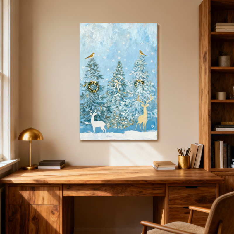 Animals Winter Forest With Deer And Birds