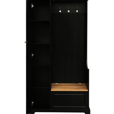 Stylish Functional - Oriented Black Hall Tree With Wood Grained Flip Up Bench And Three Hooks For Entrance Fashion Aware High Back Shelves Entry
