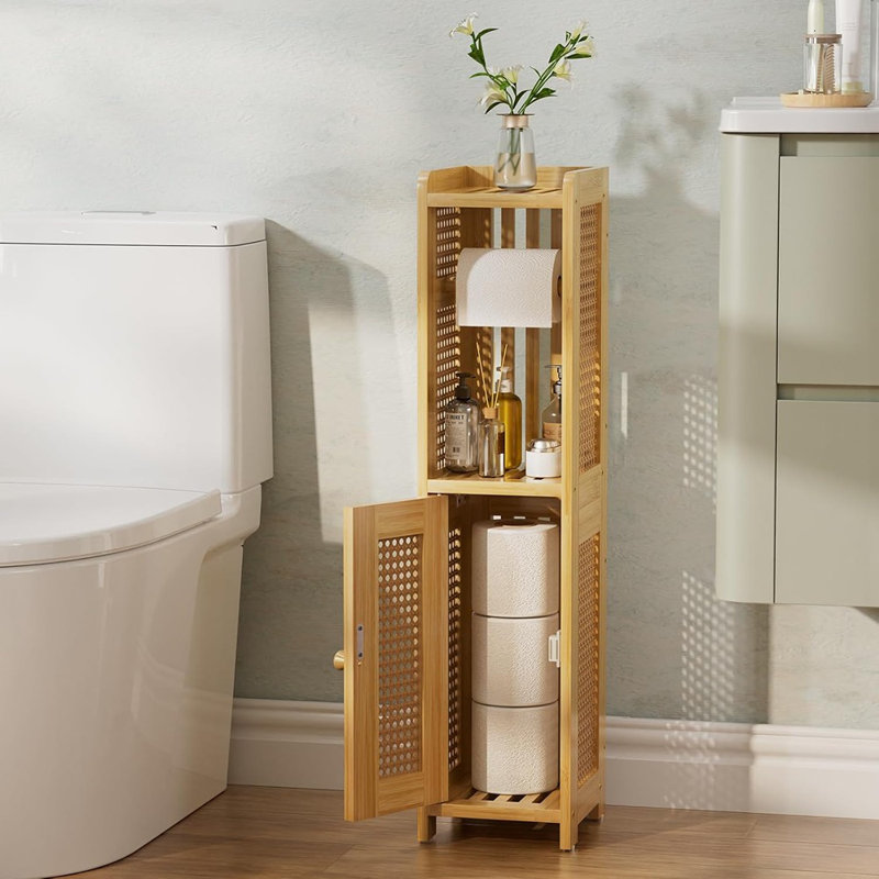 Armoire de rangement pour salle de bain TP - Support en bambou avec porte en rotin, taille compacte