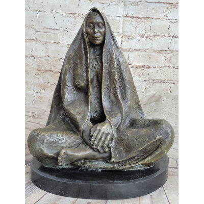 Native American Indian Shaman Medicine Man Sitting Cross Legged Bronze Statue Sculpture