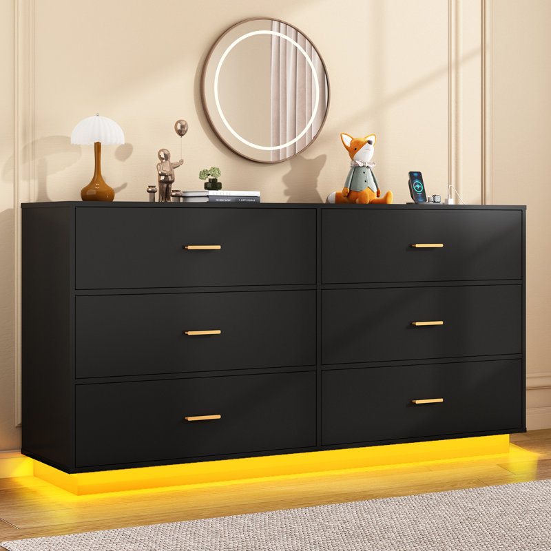6-Drawer 59.14" Dresser With LED Light Strip And Charging Station For Bedroom, Living Room, Entryway, And Hallway, Black