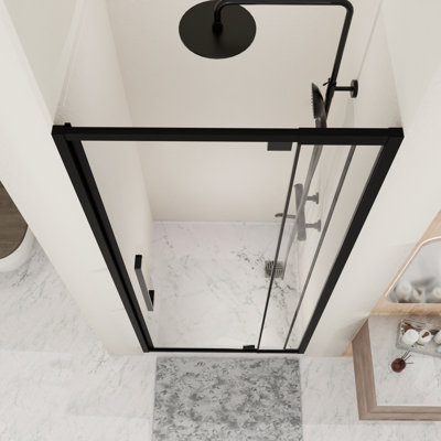 44 - 48 po Large porte de douche en verre à charnière semi-pivotante, 72 H, 1/4 "6Mm trempé, noir mat, réversible avec réglages muraux télescopiques l x H espacement réglable
