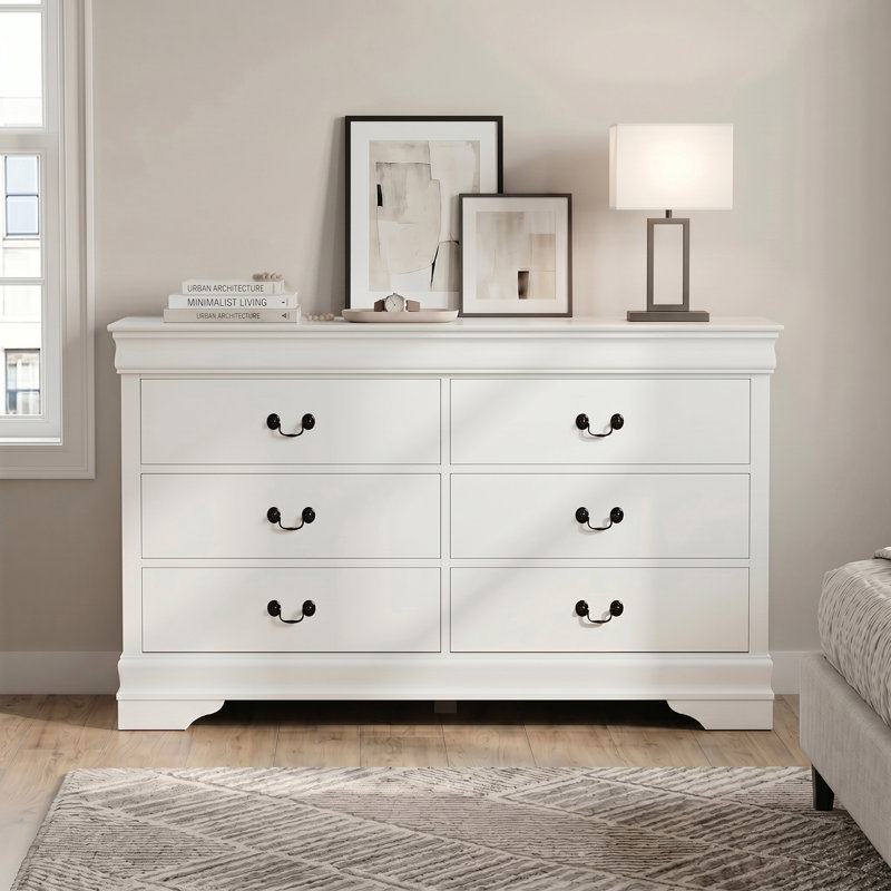 Aberdeen 58.4" W 6-Drawer Wood Dresser, White