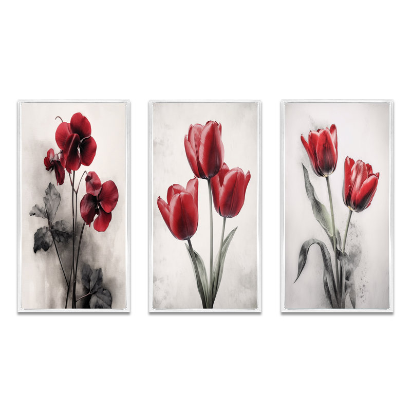 «Red Violets Dreamer», 3 pièces sur toile, Cadre flottant blanc, H 28 po x l 36 po