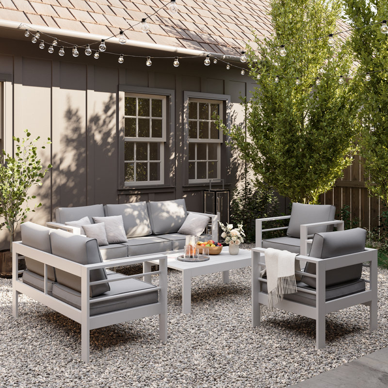 Ensemble de conversation pour 7 personnes avec coussins, Gris clair, Blanc