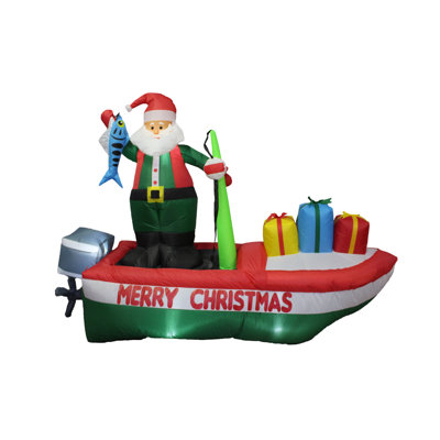 8 Foot Long Lighted Christmas Inflatable Santa Claus on a Fishing Boat with Gift Boxes Indoor / Outdoor Holiday Blow Up Yard Garden Decoration