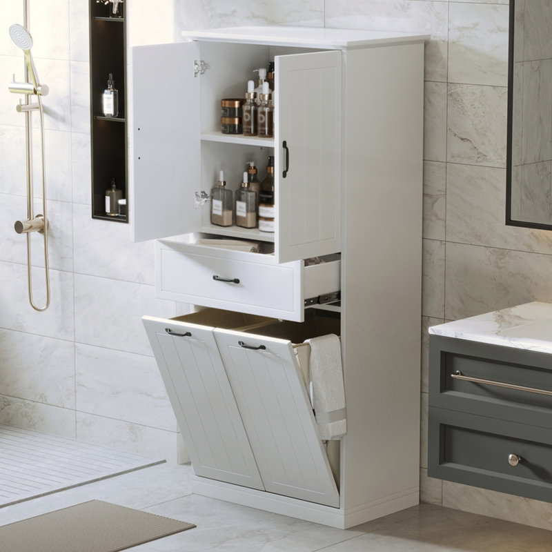 Armoire de rangement pour salle de bain avec deux paniers à linge, Blanc