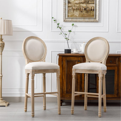 French Country Wooden Barstools With Upholstered Seating ,Set Of 2