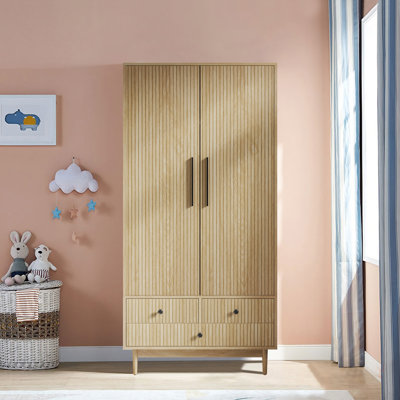 64.96" Wooden Wardrobe Closet With 2 Doors & 3 Drawers - Freestanding Storage Cabinet, Natural Finish