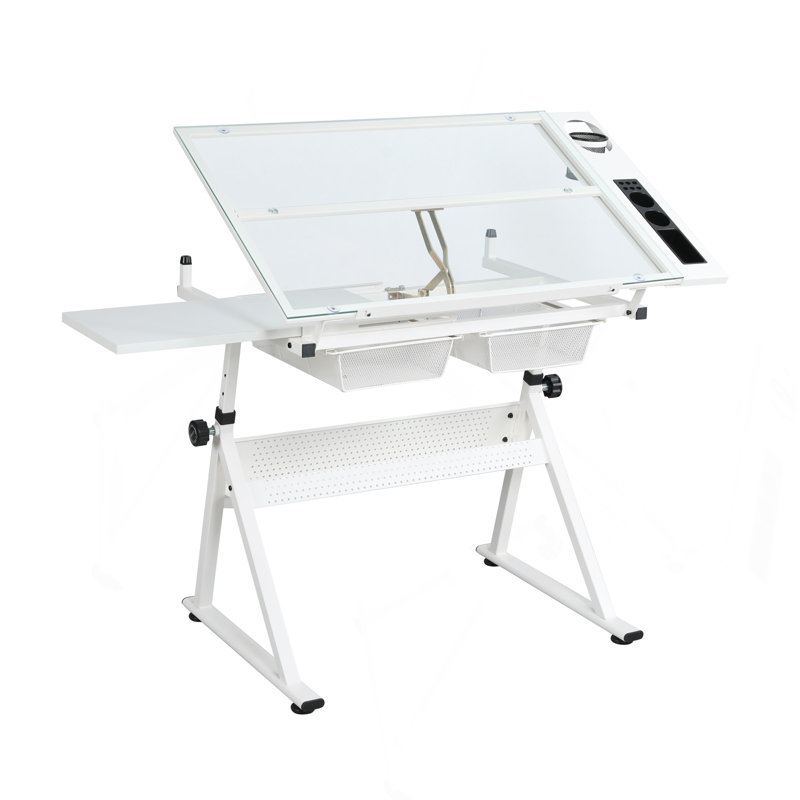 Table à dessin réglable en verre trempé avec chaise, Blanc