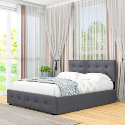 Grand lit plateforme tapissier à 2 tiroirs Carlitha avec lit gigogne simple TG