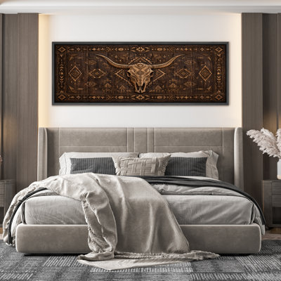 Western Bull Skull Tribal Rustic Wall Decor - Large Framed Canvas Master Bedroom Wall Art Print