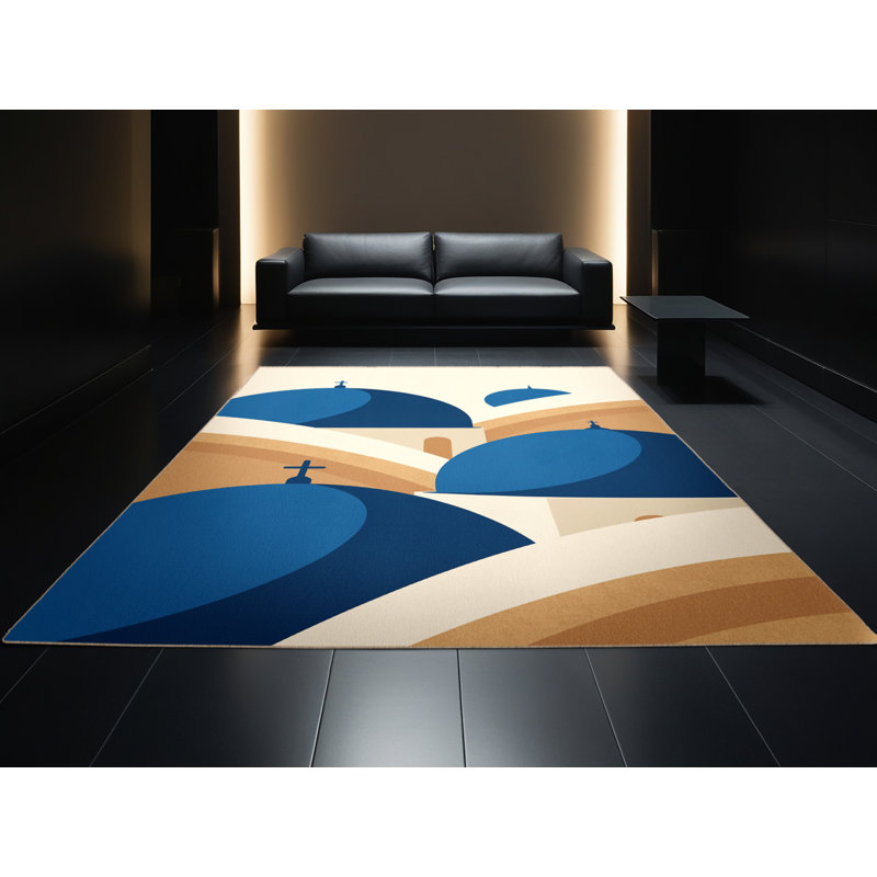 Machine Washable Paitlyn Santorini Blue Domes Modern Rug in Green – Beige Binding, 3x5