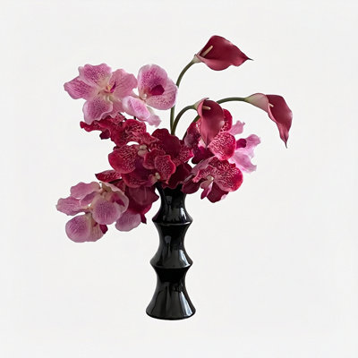 Artificial Flowers In Vase, Faux Orchid & Calla Lily Arrangement With Glossy Bamboo Joint Ceramic Vase, Fake Floral Centerpiece For Dining Table, Living Room Decor