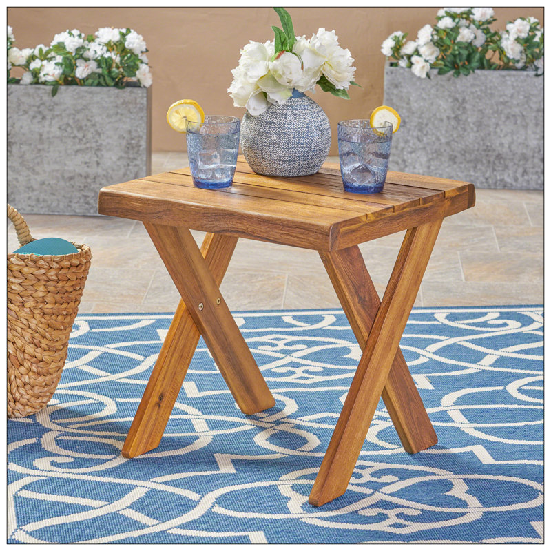 Rustic Acacia Wood Patio Side Table With Sandblast Teak Finish And Classic Cross Base, Perfect For Outdoor Use, Teak