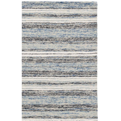 Tapis rayé bleu / beige en laine et coton touffeté à la main Ebony 777