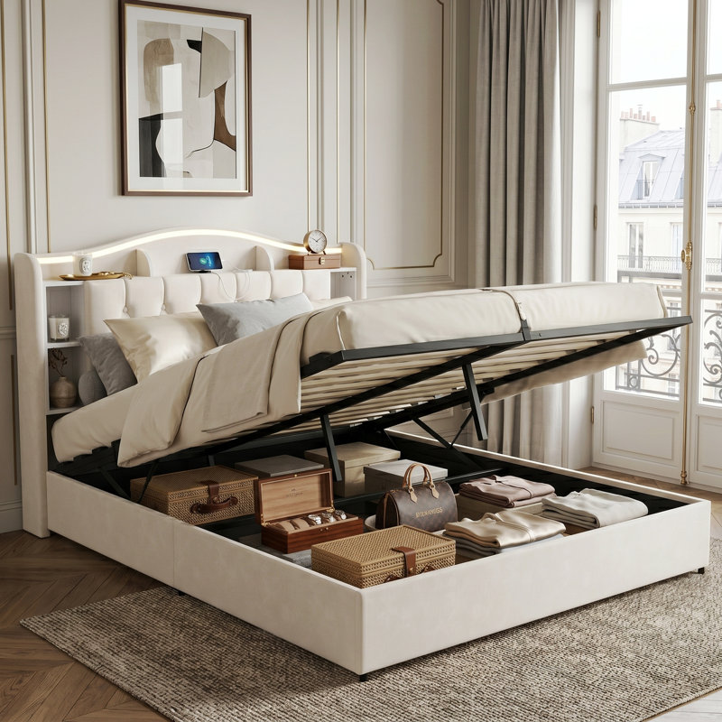 EU Double & King Velvet Ottoman Bed with Smart LED & Wireless Charging, Storage Headboard, 140/160x200cm in Grey/Beige, Beige