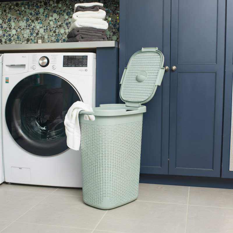 60L Ultra-Thin Plastic Laundry Basket With Lid, Made Of Rattan, Mint Green, Dimensions 17.66×13.77×24.17 Inches, Suitable For Various Storage Needs.