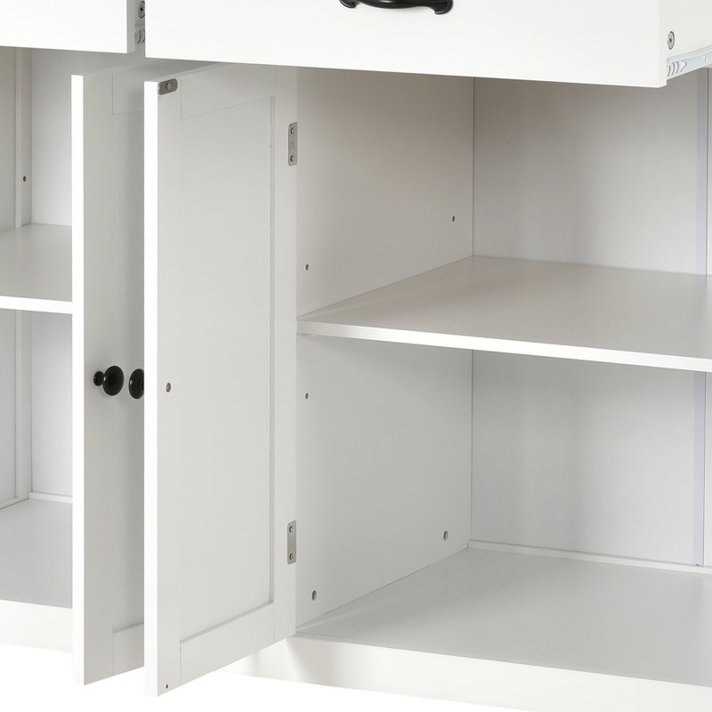 Chariot pour îlot de cuisine blanc 54,3 po - plateau en bois massif, armoire 4 portes, 2 tiroirs, porte-épices / porte-serviettes et roues verrouillables