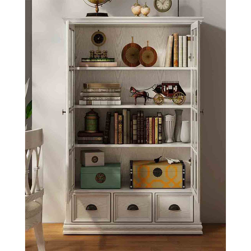 Bibliothèque à portes en verre massif avec tiroirs Traditional, Blanc