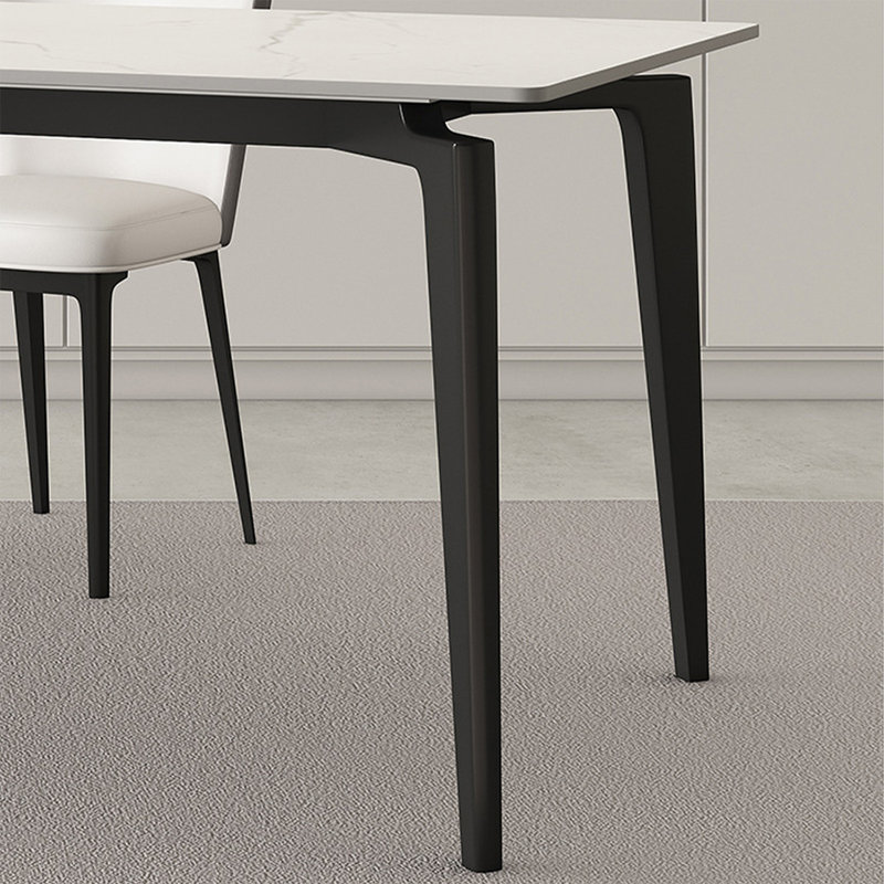 Table de salle à manger blanche et noire en pierre frittée rectangulaire et acier au carbone