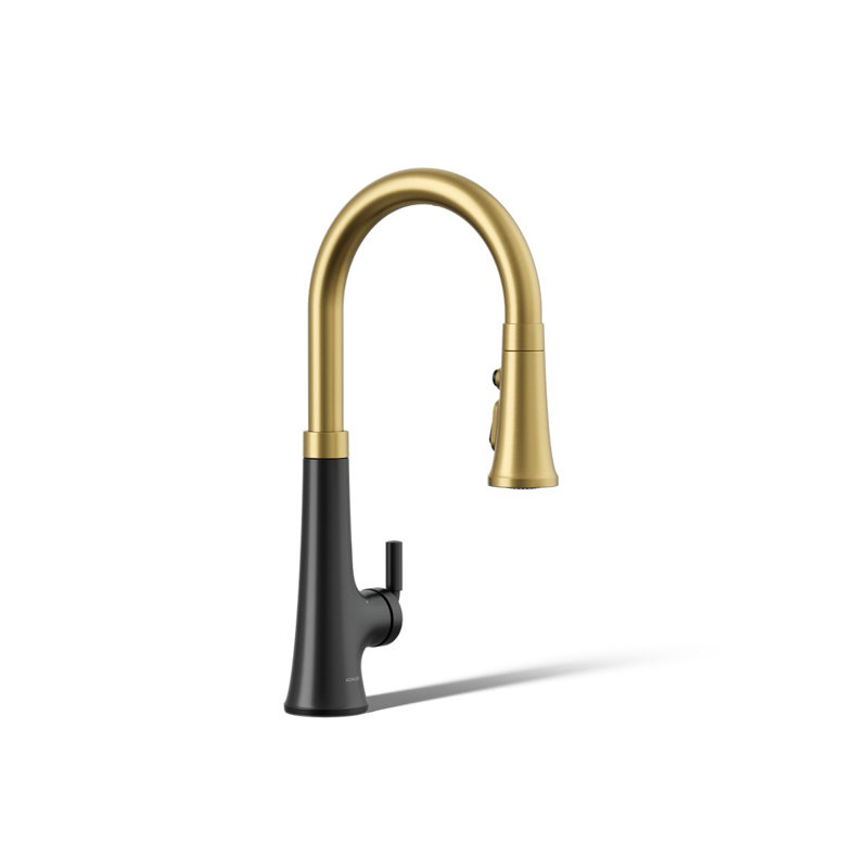 Robinet d'évier de cuisine Tone ™ sans contact avec commande vocale et douchette à trois fonctions, Noir mat / laiton