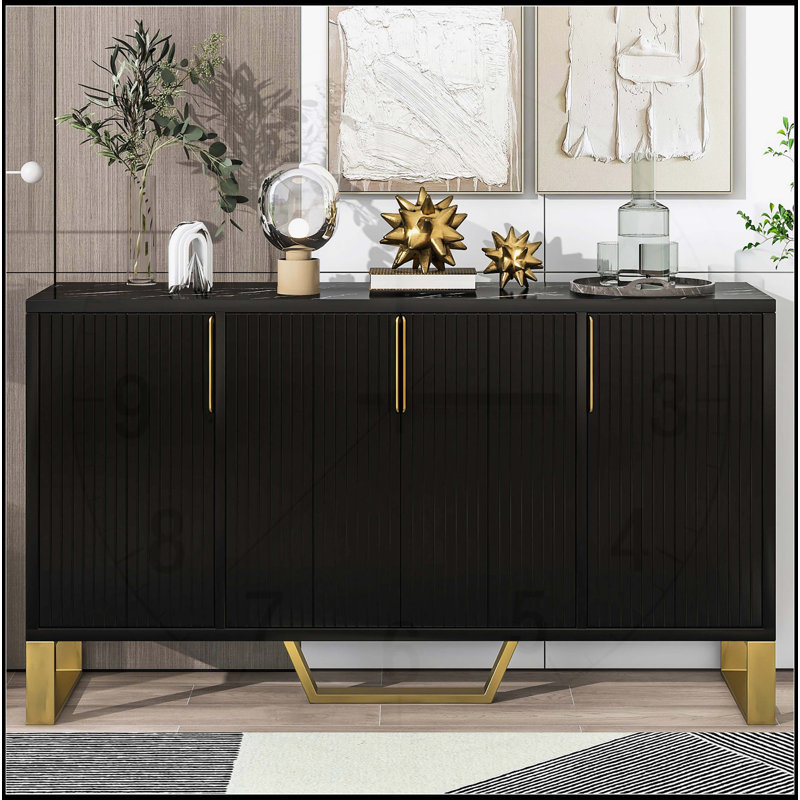 Modern Sideboard with Four Doors, Metal Handles & Legs and Adjustable Shelves for Kitchen Storage, Black