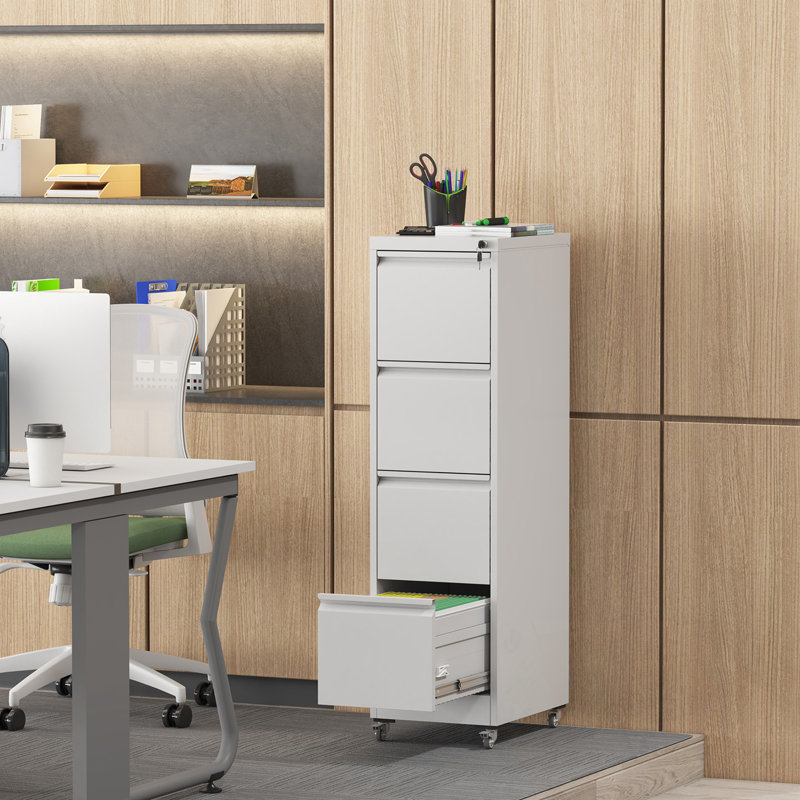 Metal Storage Filing Cabinet With Wheels, Lock And 4 Drawers, White