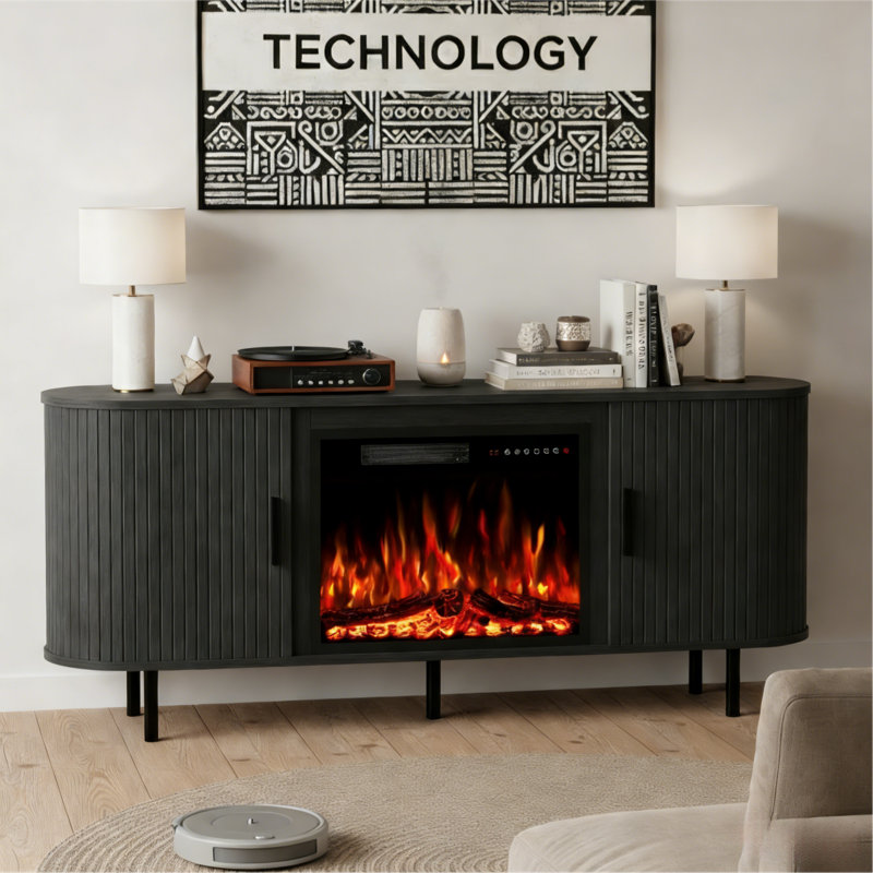 65" Fireplace TV Stand with Sliding Doors, Modern Fluted Media Console, Black