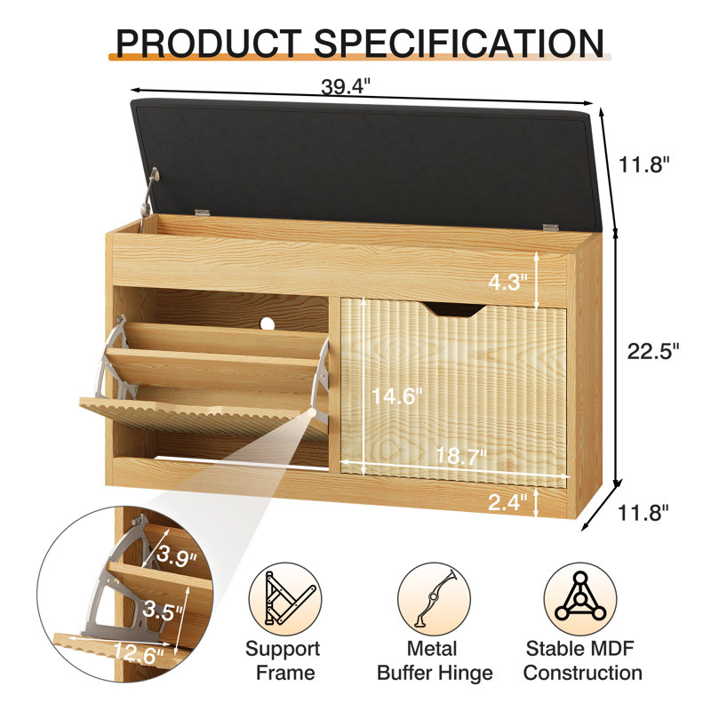 39"Pair Shoe Storage Bench  with 2-Tier Flip Drawers and Top Hidden, Light Brown