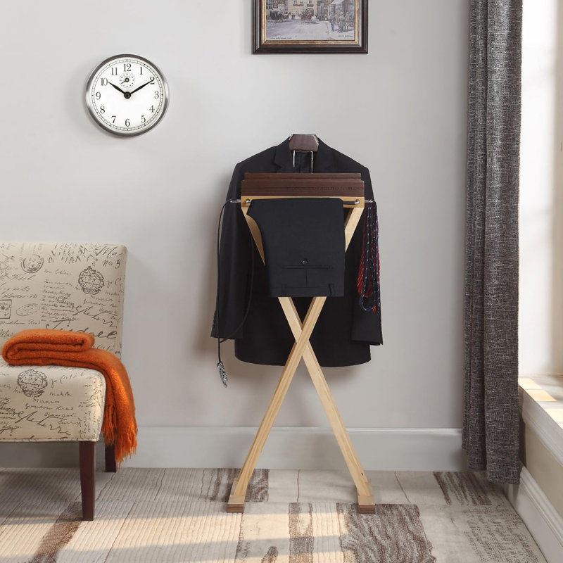 Laguna Wooden Valet Stand With Wide Shoulder Hanger, Two Stackable Felt Trays, Trouser Bar, And Side Tie Bars For Organizing Clothes And Accessories