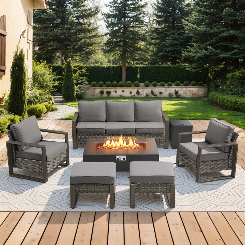 Drazen 7 - Person Patio Furniture Set With Fire Pit Table, All-Weather Wicker Outdoor Conversation Set With Chair And Thick Cushions