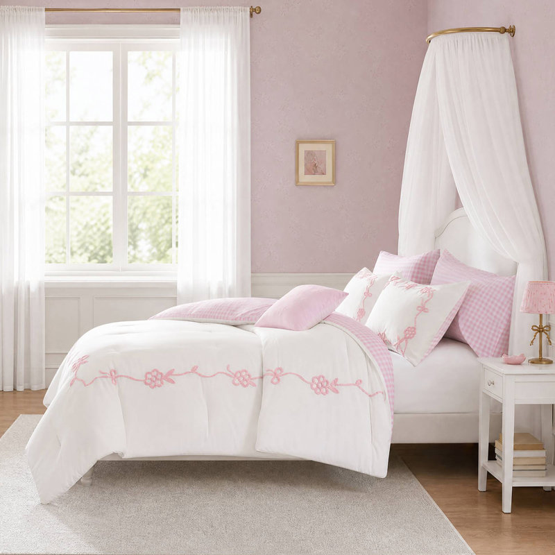 Ensemble d'édredon brodé à motif floral 6 pièces, Lit double, Rose