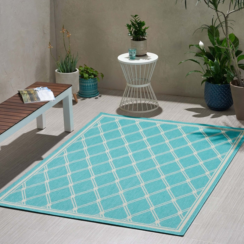 Teal Rectangle Polypropylene Rug, Rectangle 5'3" x 7'