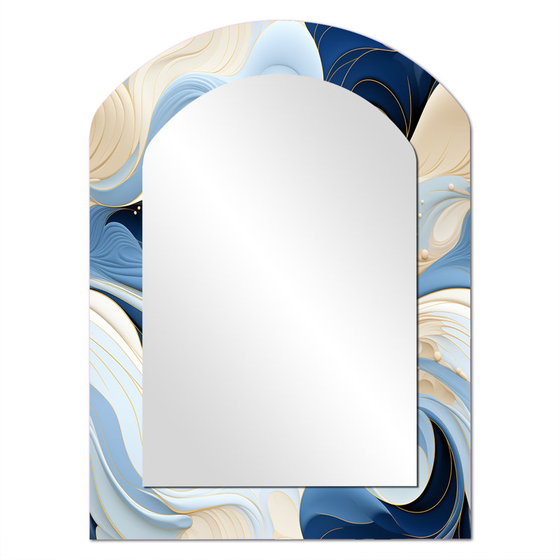 Coastal Minimalism Boho Pattern - Abstract Asymmetrical Mirror, Blue Arch Decorative Wall Mirror, Printed Metal Art