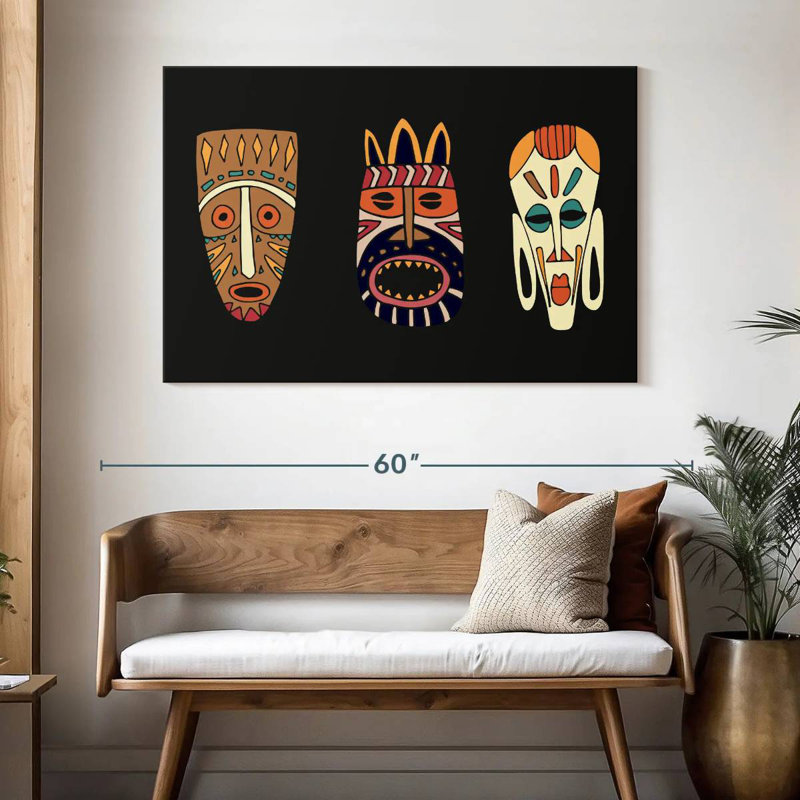 Dessin de masques d'Afrique, H 32 po x l 48 po