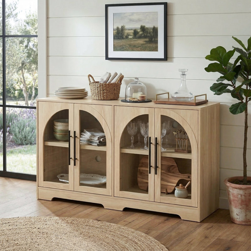 Bailor 55"W Arched Glass Doors Accent Cabinet with Adjustable Shelves, Natural