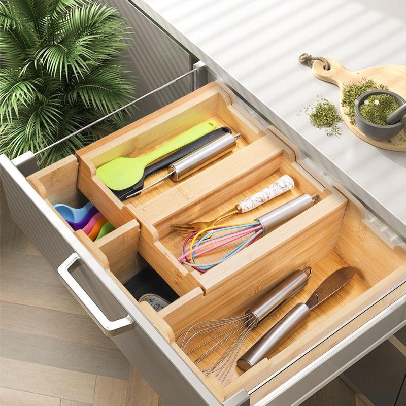 Étagère de rangement en bambou pour cuisine, plateau de rangement empilable à double couche pour la vaisselle, étagère de rangement pour la vaisselle argentée, convient aux armoires de cuisine, salles de rangement des aliments, tiroirs, 5 couches de séparation