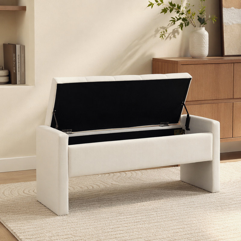 Banc de bout moderne avec rangement, grand tabouret de repose-pieds rembourré, banc de meuble-lavabo de fenêtre confortable pour salon, chambre à coucher, dortoir, table basse, lin beige