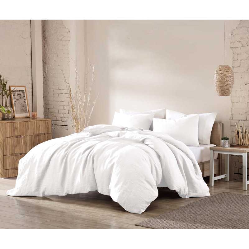 Ensemble d'édredon en lin 3 pièces Flanary Hilma, Édredon simple + 1 taie décorative standard, Blanc