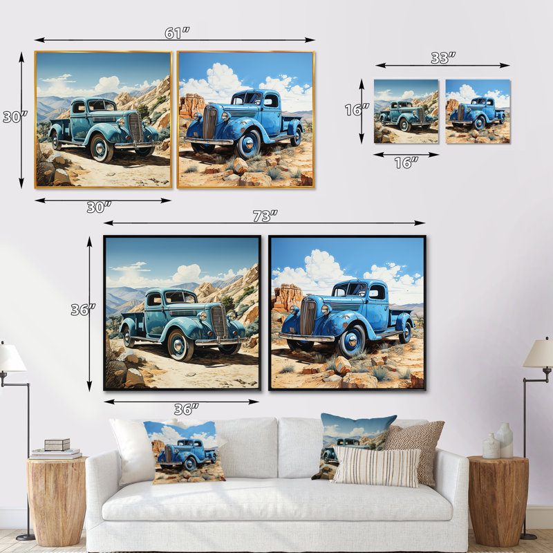 «Blue Vintage Pickup In Nevada», 2 pièces, H 36 po x l 73 po, Toile tendue