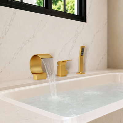 Waterfall Roman Tub Faucet with Hand Shower, 3-Hole Single Handle Deck Mount Bathtub Filler