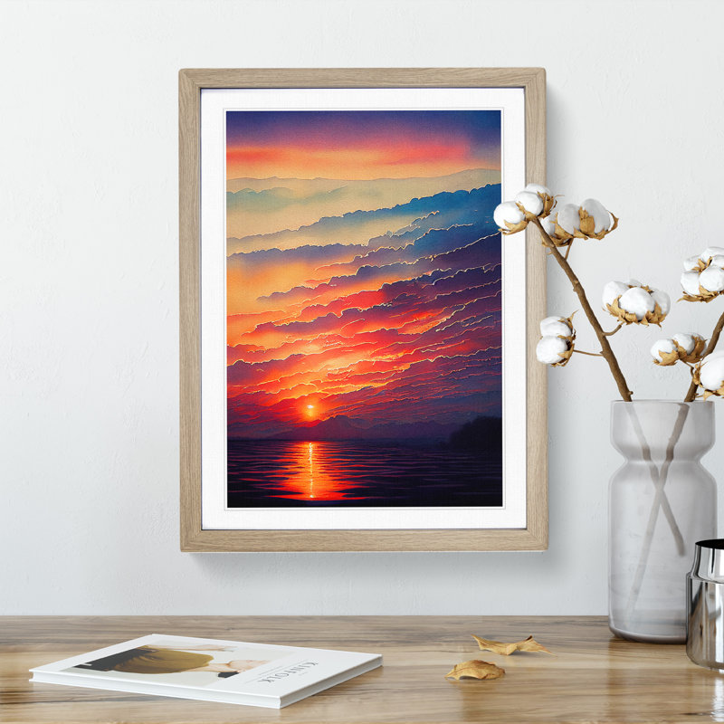 XV1022-3944X Shining Ocean Sunset - Print, White, 66cm H x 48cm W, Oak Framed